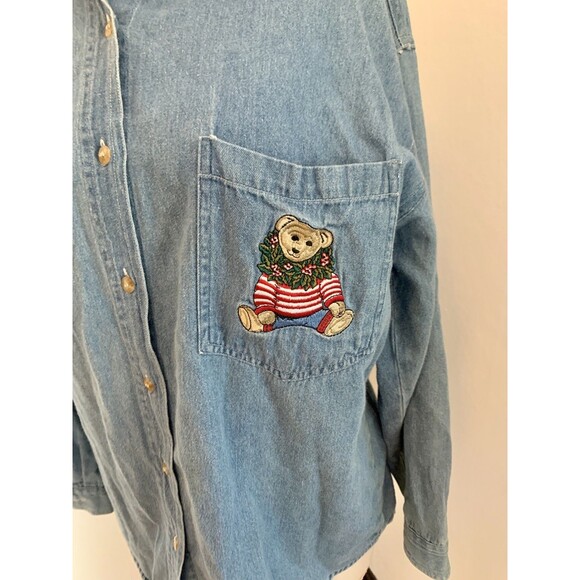 VTG Quizz NY Embroider Christmas Teddy Bear Jean Denim VTG Top Holly Polo Ralph - Picture 3 of 11